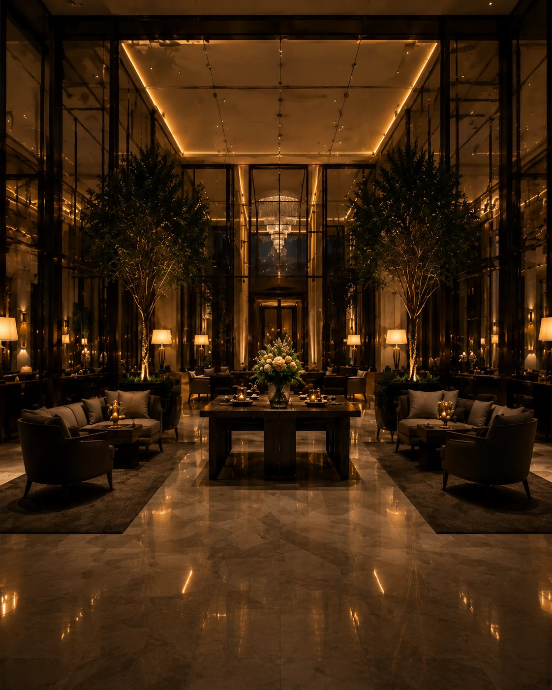 Luxury hotel lobby at night